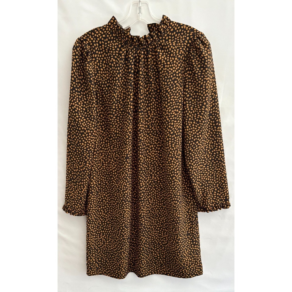 J.Crew Womens Ruffle Neck Long Sleeve Dot‎ Print Shift Dress Black Tan Size 2